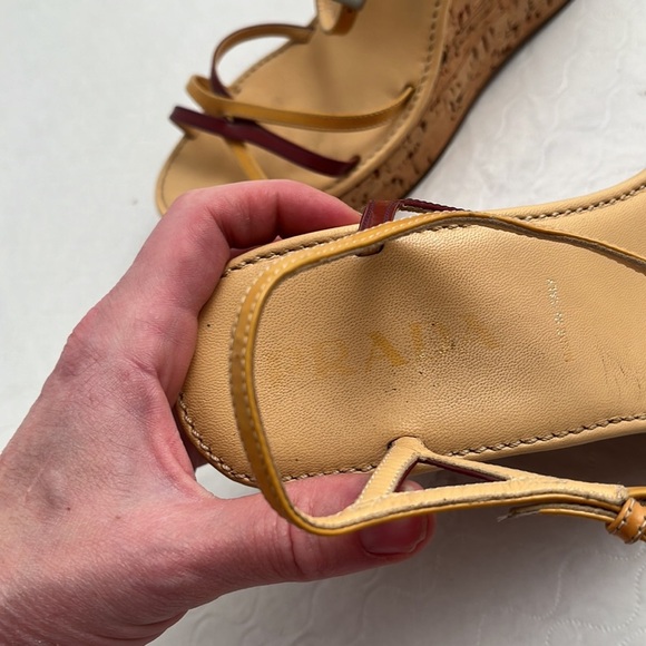 Prada tan and burgundy patent leather strappy cork platform wedge sandals - Picture 5 of 9